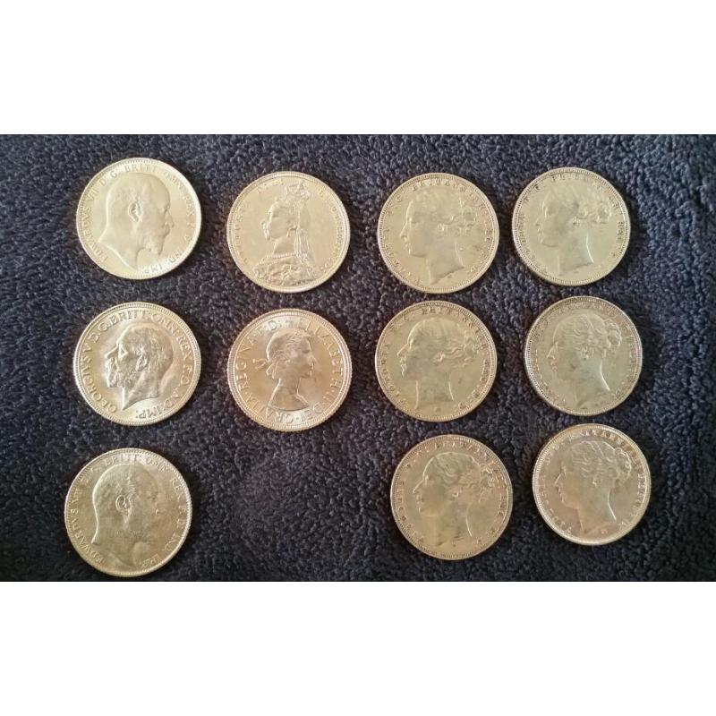 10 Full Gold Sovereigns including 6 Victoria Bun Heads