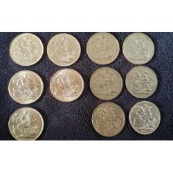10 Full Gold Sovereigns including 6 Victoria Bun Heads