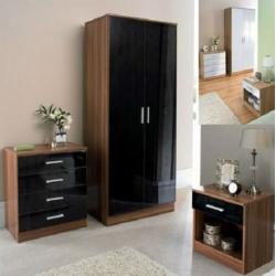 BRAND NEW- Extravagant High Gloss Wardrobe Set with Chest of drawer and bedside in TWO COLOURS!
