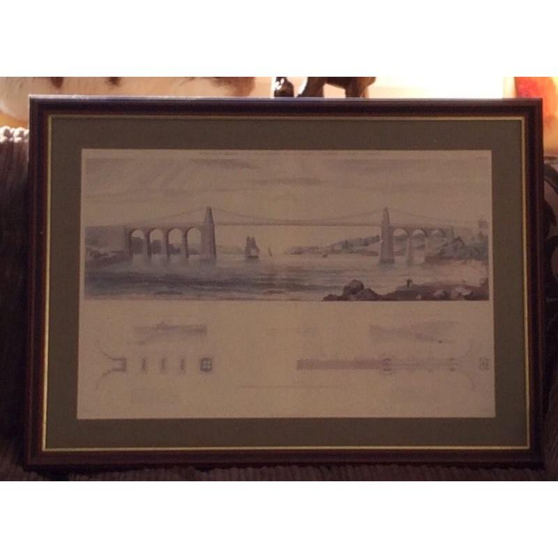Vintage Print of Menai Bridge. Framed.