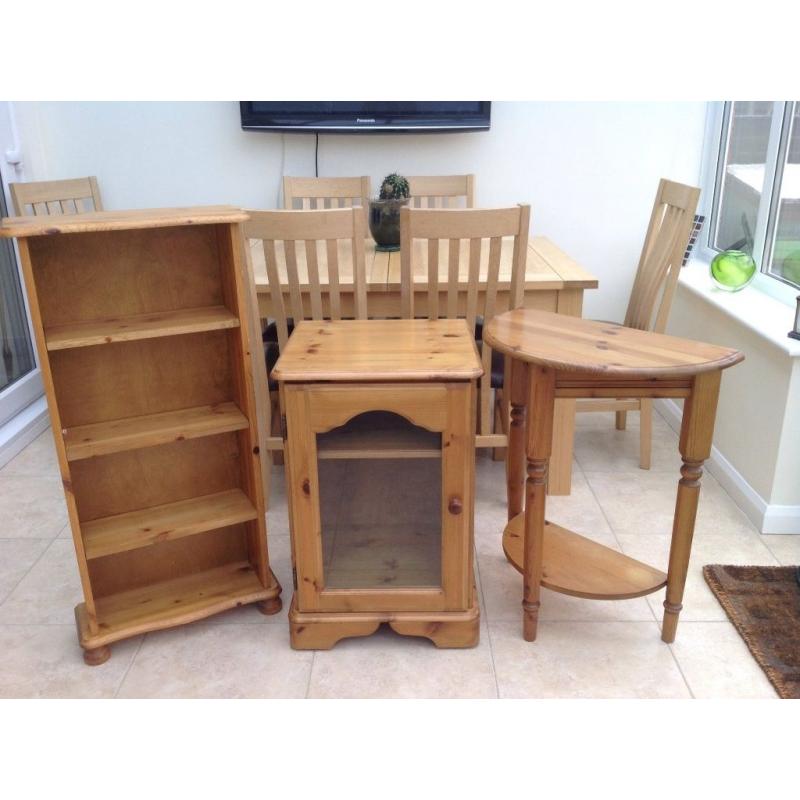 Solid pine stereo cabinet, half moon table and bookcase