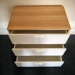 Chest of drawers - sturdy, clean 3 drawer chest in white and beech