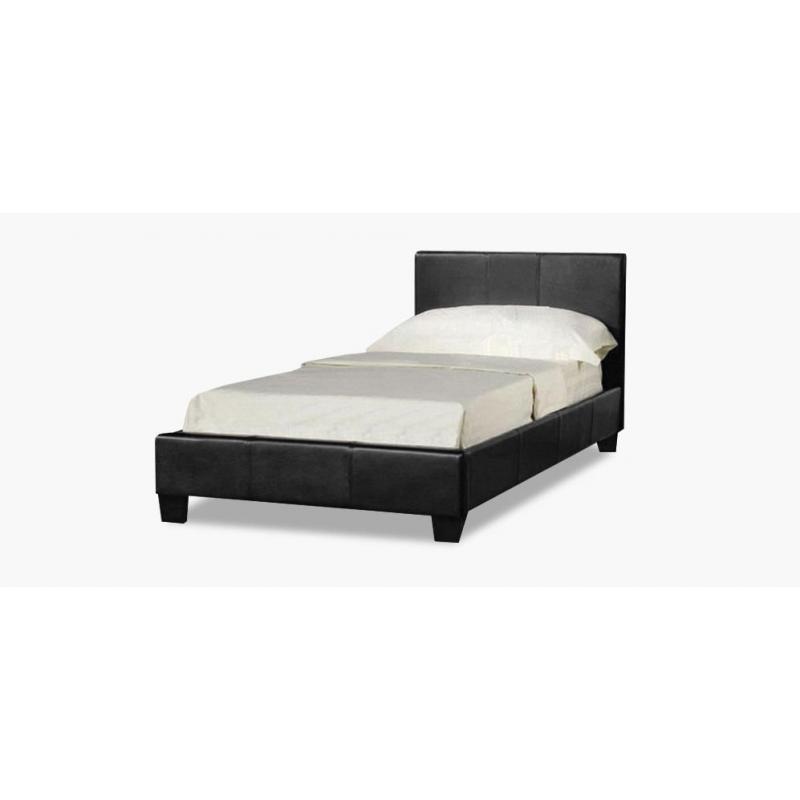 Single, Black, leather bed, frame, with padded, mattress, Single bed.