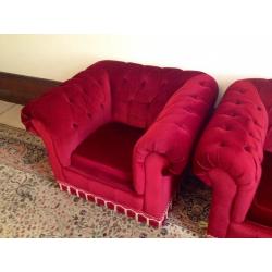Vintage Red Velour Sofas & Chair
