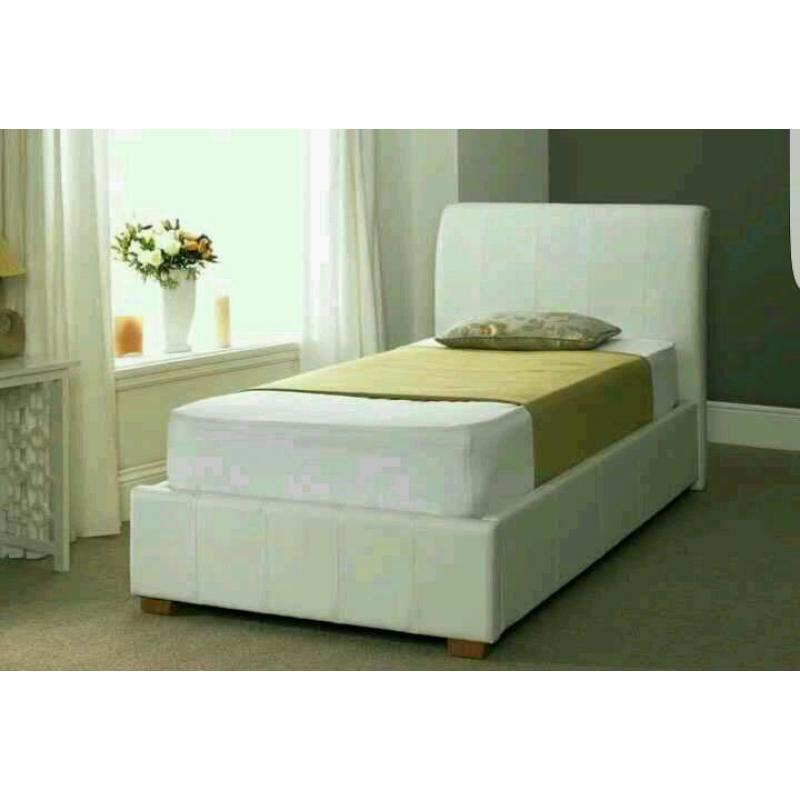 SINGLE LEATHER WHITE MADRID BED AND MATTRESS