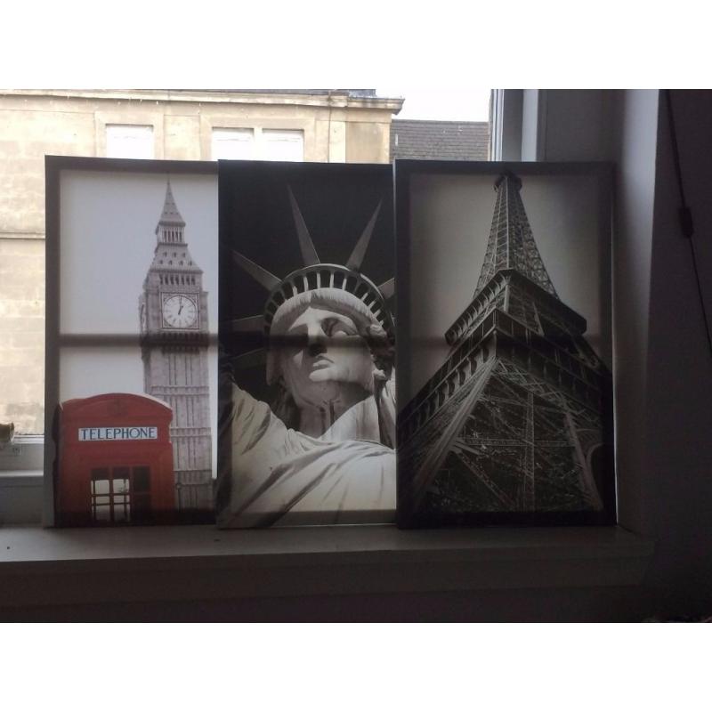 3 Black & White Canvas Prints: London (Big Ben), New York (Statue of Liberty), Paris (Eiffel Tower)