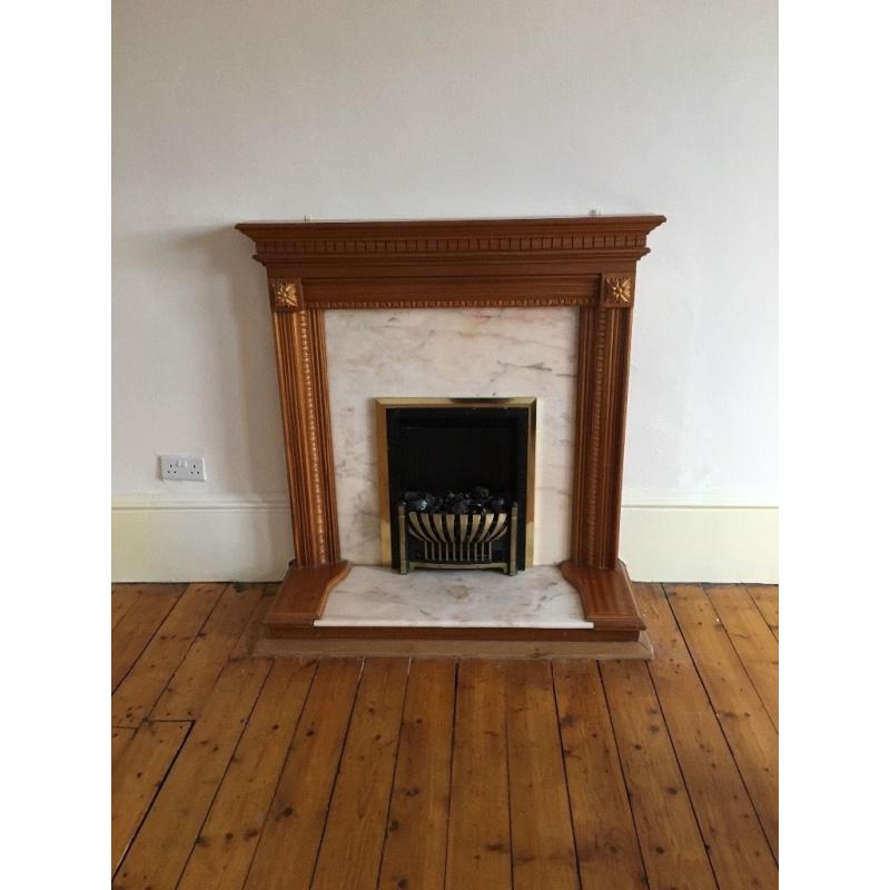 Solid wood fireplace, marble insert and electric fire