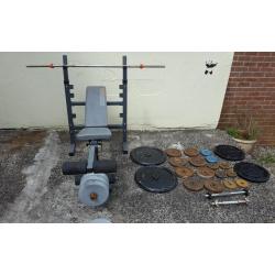 124 kgs cast iron weights plus bench and bars
