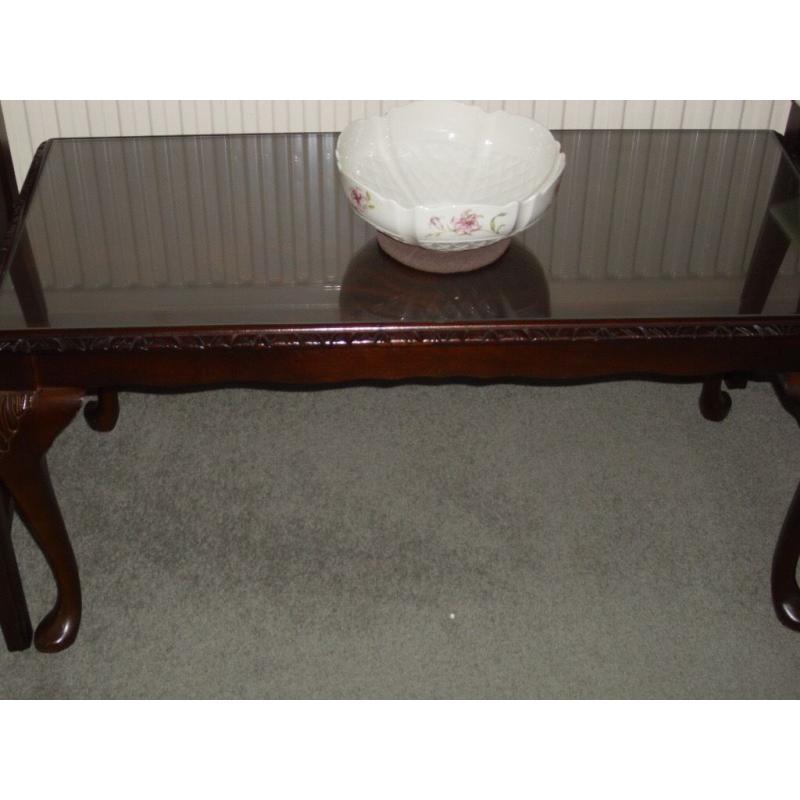 Mahogany, glass inlay, Queen Ann style carved legs, coffee table
