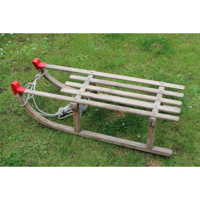 Old/Vintage sledge/toboggan with metal runners and tow rope