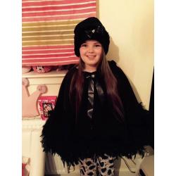 Girls cape poncho matching hat. With feathers age 7/12