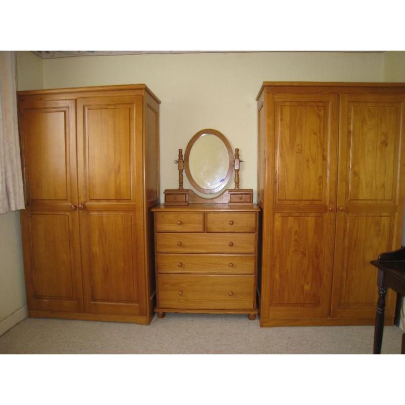 Pine bedroom set ,2 wardrobes & draws with vanity mirror