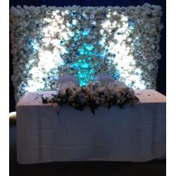 Flower wall for hire wedding engagement event bride table centrepiece backdrop LED letters