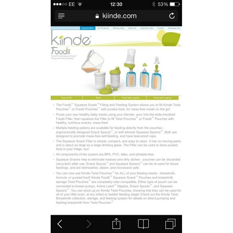 Kiinde , best full systemONthe market with bottle and spoon foodie pouches system - BN 22items