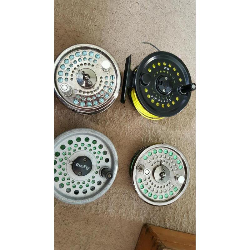 Fishing 3 fly reels and spare spool and box of flies