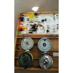 Fishing 3 fly reels and spare spool and box of flies