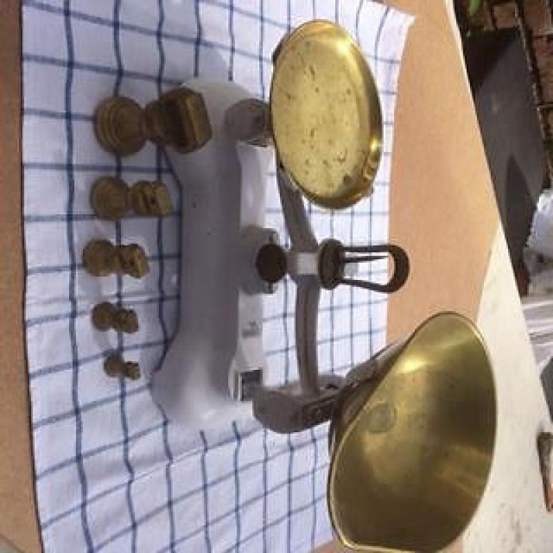 old kitchen scales with brass weights