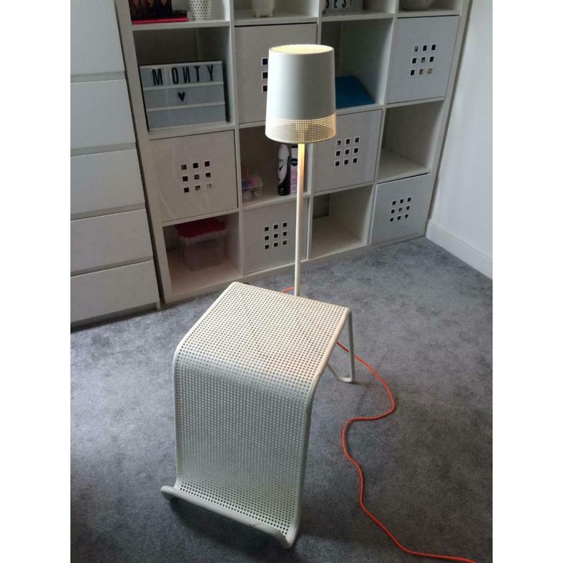 Metal bedside table and lamp