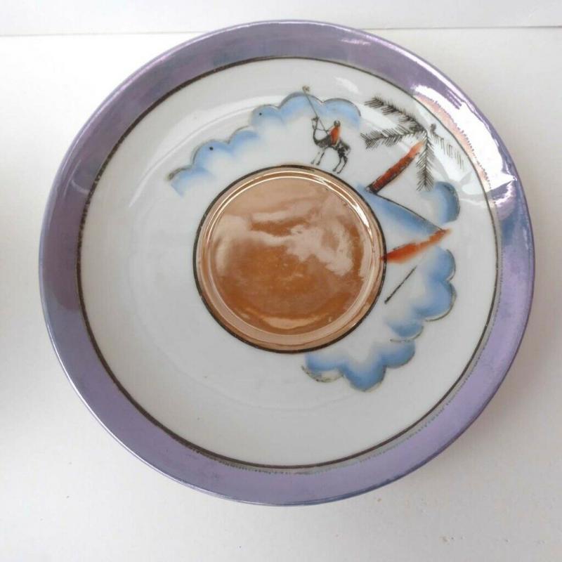 Japanese eggshell porcelain cup and saucer. Antique lustre ware. Vintage Meadin.
